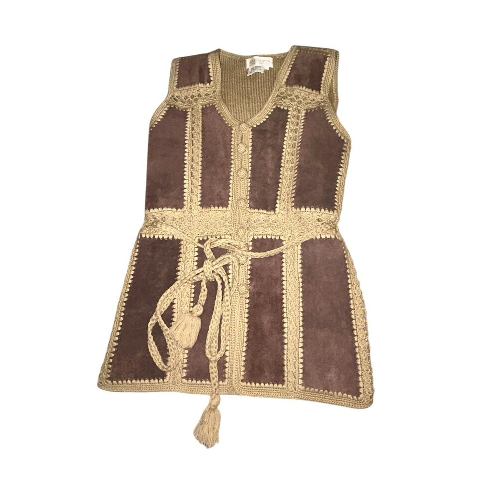 Vintage 70s 60s Hippie Leather Crochet Button Front Vest Brown Womens Boho M‎